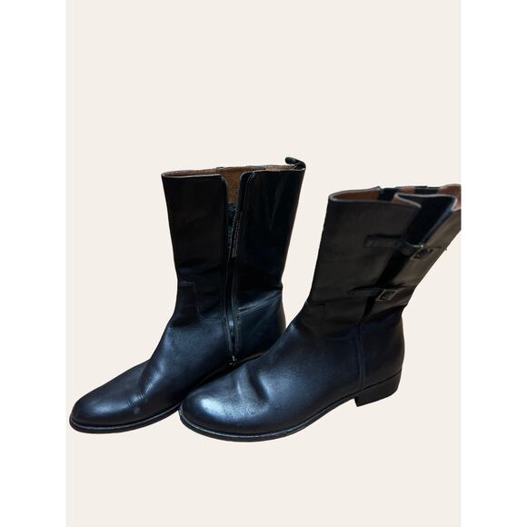 Corso Como Black Leather Mid-Calf Belted Equestrian Biker Boots Size 8 - Picture 4 of 6